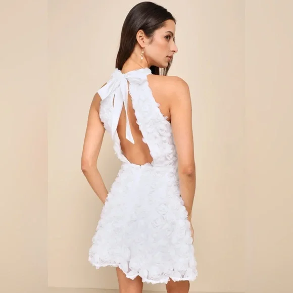 Beloved Blossoming White 3D Floral Halter Backless Mini Dress - Picture 2 of 12